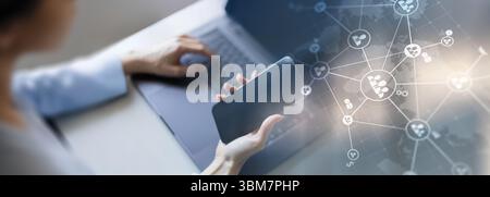 Global Business Networking and Communication Visualized on a Futuristic Digital Interface. Stock Photo