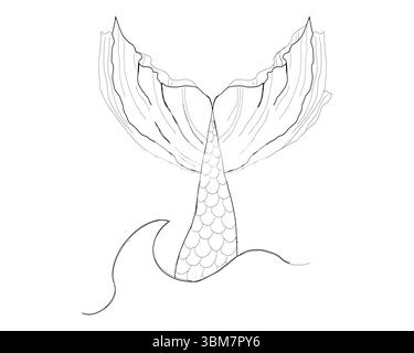 Geometric mermaid tail silhouette in fine line tattoo style. Minimalist ocean icon with underwater and fairy tale feel. Vector design for skin art or mythology themes. Vector illustration Stock Vector