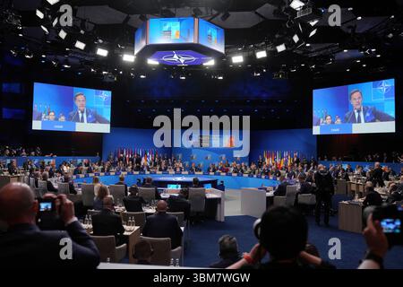 Nato secretary-general Mark Rutte, speaks during a North Atlantic Council plenary meeting during the Nato Summit at the Hague, Netherlands. Picture date: Wednesday June 25, 2025. Stock Photo