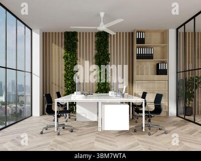 Sustainable office design with greenery and modern furnishings. 3D render illustration Stock Photo