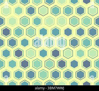 Abstract mosaic background. Hexagon mosaic cells with padding and inner solid cells. Hexagonal cells. Multiple tones color palette. Seamless pattern. Stock Vector