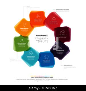 This multipurpose infographic template showcases eight appealing, colorful circle infographic elements. It's a modern template perfect for visual data Stock Vector