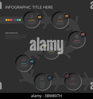 A modern dark background timeline infographic template with circular design elements and icons. Infographic template for representing a process or tim Stock Vector