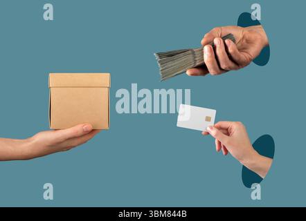 Delivery and payment concept with hands exchanging a credit card for a purchase. Cardboard package, e commerce, and online transaction. Minimal collag Stock Photo