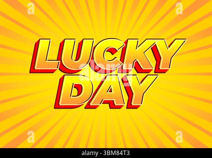 A vibrant graphic featuring the text LUCKY DAY in bold, colorful letters against a bright yellow background with radiating lines. Stock Vector