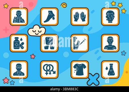 Sweating symptom set icon. Man with bottle, sweating foot, sweaty hands, nervous face, medicine pack, weight imbalance, injection, hair removal, male Stock Vector