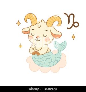 Adorable Capricorn zodiac sign illustration of a goat with mermaid tail in pastel kawaii style. Child friendly design with sparkles. Stock Vector