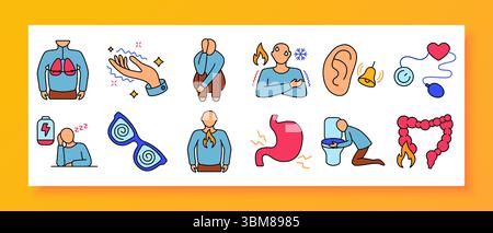 Physical symptom set icon. Includes pain in chest and stomach, hot flashes, cold chills, digestive issues, fatigue, vomiting, dizziness, tinnitus, and Stock Vector
