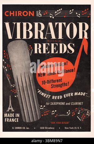 An ad from an early 1950s music magazine for Chiron reeds for saxophones and clarinets. They're French imports made by Chiron Stock Photo