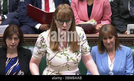 Screen grab of Deputy Prime Minister Angela Rayner during Prime Minister's Questions in the House of Commons, London. Picture date: Wednesday June 25, 2025. Stock Photo