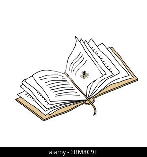 Hand drawn open book with a bookmark, doodle sketch drawing. Vector vintage book isolated on white background. Graphic illustration. Stock Vector