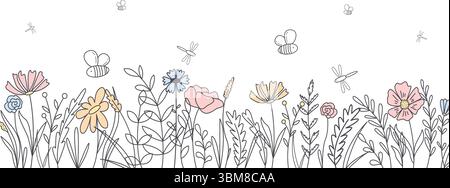 Background hand drawn botanical wild flowers and herbs. Horizontal banner rustic in sketch style. Cute summer rustic template. Cottagecore, vector Stock Vector