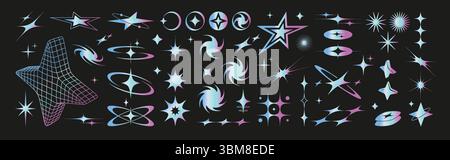 Bling shape collection - holographic stars, wireframe grid forms, cosmic circles and swirls, sparkles with blue pink gradient on black background for y2k designs, retro tech aesthetic interfaces. Stock Vector