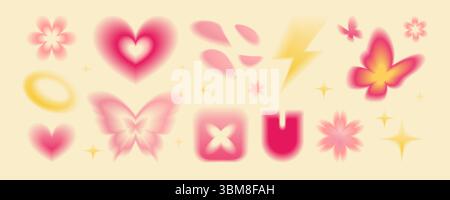 Gradient butterfly shapes with soft pink blurred edges on cream background - dreamy heart forms, scattered petals, yellow lightning bolt, wings and floating flowers in romantic ethereal atmosphere. Stock Vector