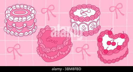 Vintage pink cakes with ribbons, bows and cherries on checkered background - coquette retro birthday desserts decorated with cream swirls and berries. Sweet bakery illustration. Stock Vector