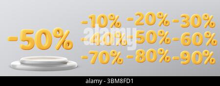 3d yellow percentage discount numbers collection with white podium on gray dg - various sale rates from 10 to 90 off for promotional banners, marketing campaigns and retail advertising designs. Stock Vector