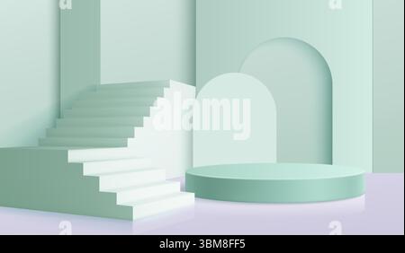 3D mint green podium scene with stairs, circular platform, arch backdrop elements for product showcase, minimalist interior design, beauty cosmetics display or modern architectural visualization. Stock Vector