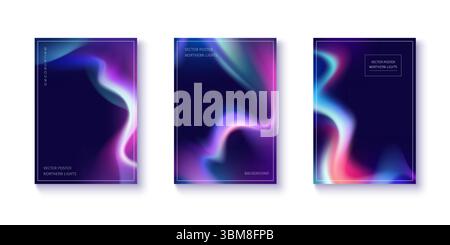 Dynamic aurora gradient background collection with cosmic northern lights. Smooth color transitions blend blue, pink and purple hues creating fluid abstract patterns. Premium modern vector posters. Stock Vector