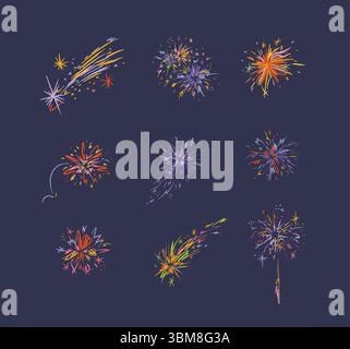Fireworks with stars, sparks and firecracker drawing in multicolored on blue background Stock Vector