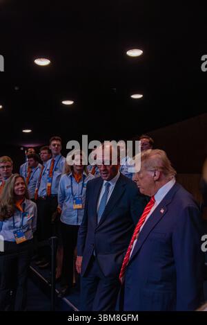 June 25, 2025, The Hague, South Holland, Netherlands: US President DONALD TRUMP arrives to the Heads of State gathering of the North Atlantic Council meeting. On June 25, 2025, leaders and representatives from all 32 NATO countries gathered at the World Forum in The Hague, the Netherlands to participate in the NATO Summit. Topics of concern this year were the conflicts in the Middle East, Ukraine, yearly member-state contributions, and broader topics of deterrence and defense, cyber security, and collective defense under Article 5 of the North Atlantic Treaty. (Credit Image: © James Petermeier Stock Photo
