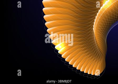 Digital abstract design featuring golden flowing wave shapes and fine grid lines over a dark gradient background, evoking a futuristic and elegant aes Stock Vector