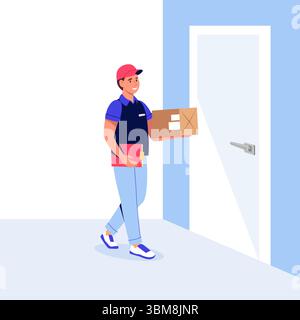 Courier delivers parcel to front door. Vector flat cartoon illustration of home delivery service, shipping box, and contactless logistics. Perfect for Stock Vector