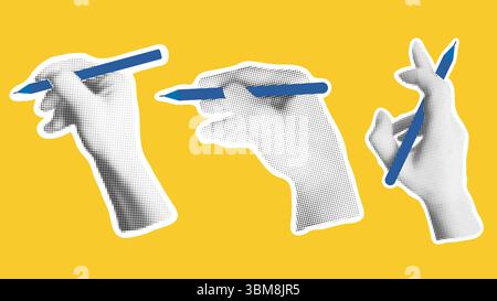 Set of female hand with pen in halftone style. Concept of signing, taking notes, writing. Silhouette of hand with pencil isolated on yellow background Stock Vector