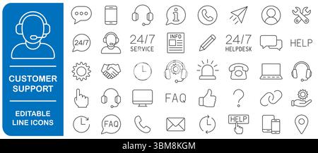 Customer Service and Support Editable stroke line icon set. Outline Icons Collection. Thin Line Set contains Online Help, Helpdesk, Quick Response, Fe Stock Vector