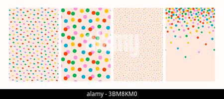 Seamless colorful confetti dot patterns on light background. Playful polka vector backgrounds for kids, fun fabric, wrapping paper, party invites, or Stock Vector