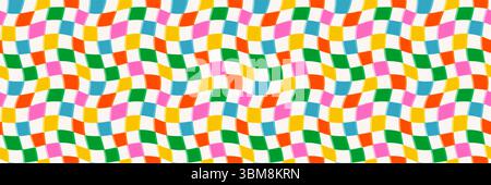 Wavy checker pattern background with green, orange, yellow, pink, blue and white squares. Seamless retro psychedelic vector for wrapping, kids room or Stock Vector