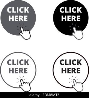 Black and gray click here round button with a hand clicking on a white background Stock Vector