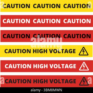 Yellow and red caution and caution high voltage barricade tapes Stock Vector