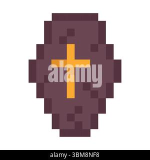 Vintage coffin icon in pixel style with golden cross great for games or spooky retro designs Stock Vector