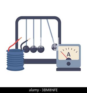 Simple flat style drawing of physics tools showing current coil ammeter and motion concept for education Stock Vector