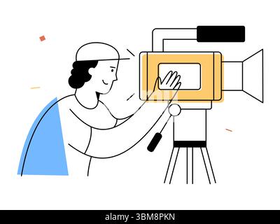 A smiling cameraman films a scene with professional equipment on tripod, showcasing creative video production and media content Stock Vector