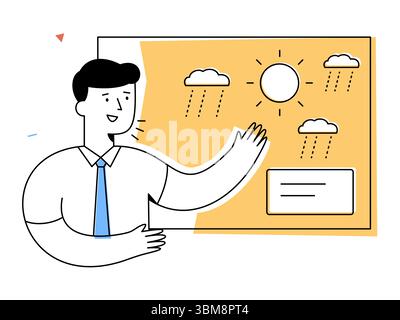 A cheerful weather forecaster in suit and tie stands presenting meteorology forecast with positive expression, showing sun, cloud, and rain symbols Stock Vector