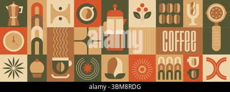 Abstract geometric food pattern with coffee beans, leaves, drink cup, bakery dessert in bauhaus style. Vector minimalist seamless background, design template for restaurant cover, cafe menu, package Stock Vector