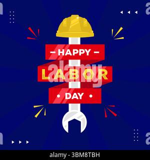 Happy Labor Day with a construction helmet above a wrench on dark blue background celebrate on September 1st Stock Vector