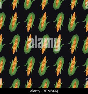 Seamless corn pattern in pixel art style on dark background, vector Stock Vector