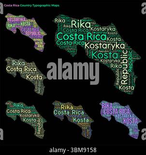 Costa Rica. Set of typography style country illustrations. Costa Rica map shape built of horizontal and vertical country names. Vector illustration. Stock Vector