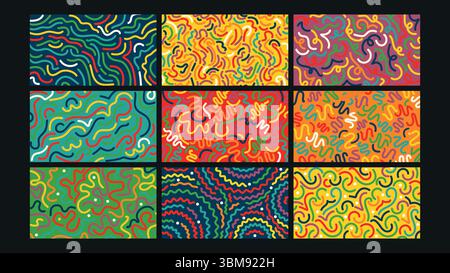 Squiggly multicolor doodle background Set Stock Vector