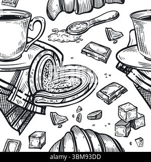 Seamless pattern on the theme of tea drinking, a cup of tea or coffee, a napkin, lump sugar, chocolate slices, sweet buns, croissants. The Stock Vector