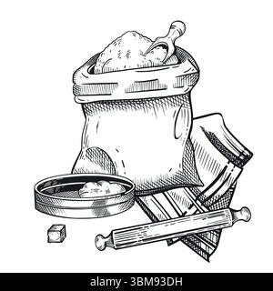 Cooking, pastries, flour bag, rolling pin, flour sifting sieve, kitchen towel. The illustration is suitable for printing in the interior of Stock Vector
