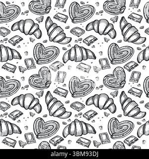 Seamless vector pattern. Fresh pastries and sweets, buns, croissants, chocolate slices. All objects are hand-drawn in vector. For printing on Stock Vector
