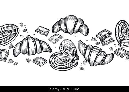 Seamless border of sweets, buns, croissants, chocolate slices, buns. All objects are hand-drawn in vector. For printing on menus, booklets, in the Stock Vector
