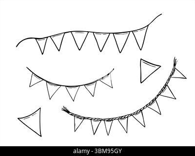 Vector set of various triangle flag garlands painted by black inks. Monochrome string clip art illustration for holiday, party decorations, festive Stock Vector