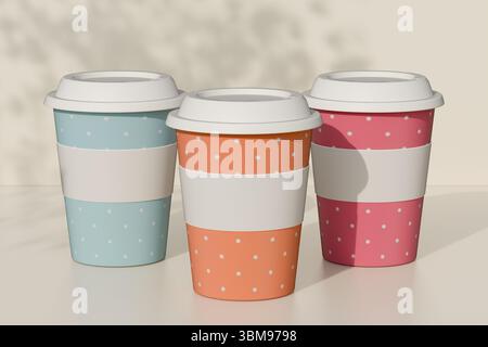 Three colorful disposable coffee cups with lids sit on a table, perfect for casual coffee drinking. 3d rendering Stock Photo
