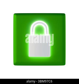 A glowing white padlock icon on a green square background symbolizes security and protection. 3d rendering Stock Photo