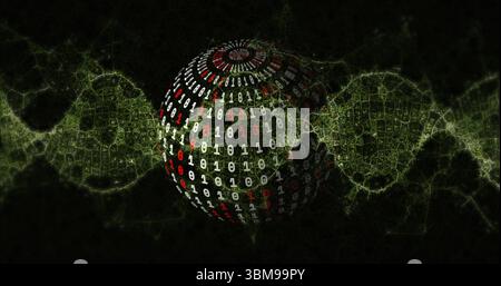 Rotating 3D sphere displaying binary digits in virtual space, with fractal network mesh. Technology, cyberspace, digital art, innovation, futuristic, Stock Photo
