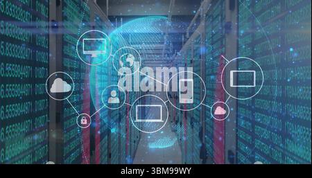 Displaying central digital network overlay spanning data center aisle, with globe connected icons. Technology, data, cloud, cybersecurity, infrastruct Stock Photo